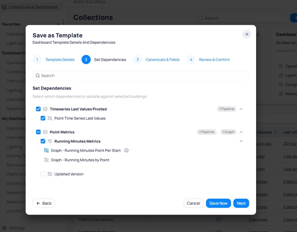 Save as Template dialog Step 2 Set Dependencies showing Timeseries Last Values Pivoted with Point Time Series Last Values checked, Point Metrics with Running Minutes Metrics checked and two graph items, and an Updated Version item unchecked
