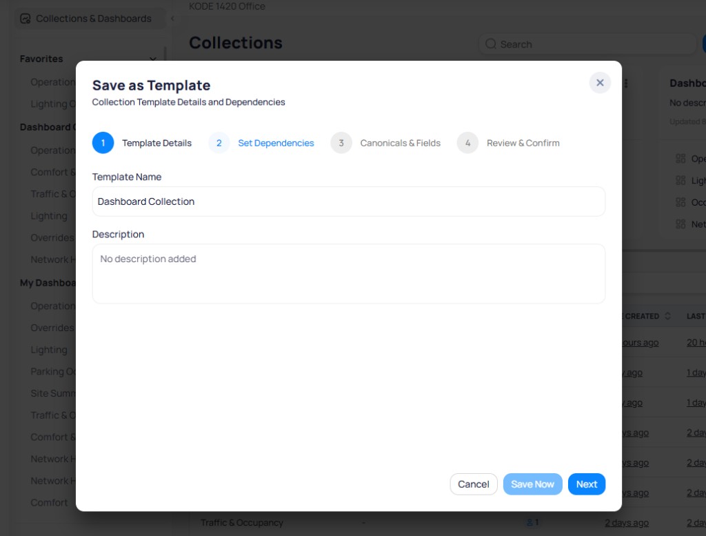 Save as Template dialog Step 1 Template Details showing a four-step wizard with Template Details, Set Dependencies, Canonicals and Fields, and Review and Confirm steps, with Template Name set to Dashboard Collection and a Description field