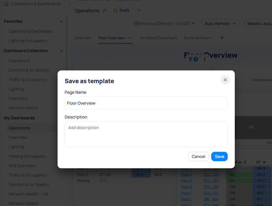 Save as template dialog showing Page Name set to Floor Overview, a Description field, and Cancel and Save buttons