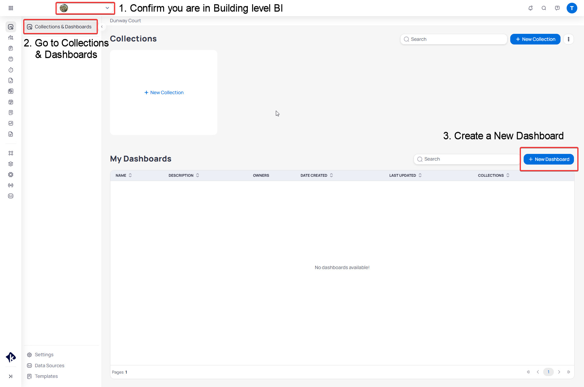 New Dashboard dialog showing Down Devices as the title, a description field, and a timezone selector