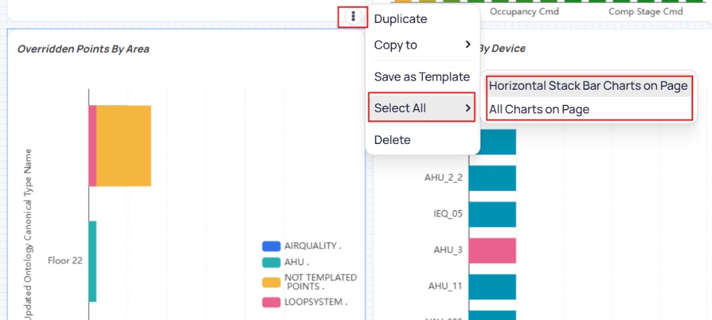 Widget three-dot menu showing Duplicate, Copy to, Save as Template, Select All with nested menu options Horizontal Stack Bar Charts on Page and All Charts on Page, and Delete