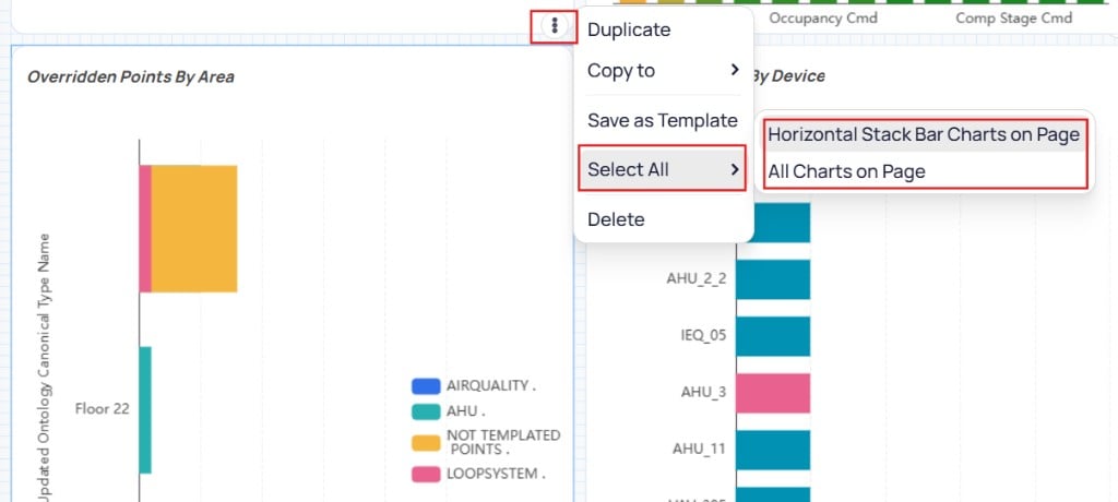 Widget three-dot menu showing Duplicate, Copy to, Save as Template, Select All with nested menu options Horizontal Stack Bar Charts on Page and All Charts on Page, and Delete