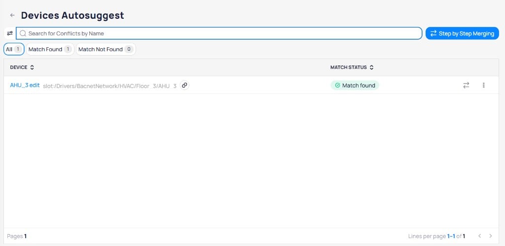 Devices Autosuggest page with sub-tabs for All 1, Match Found 1, and Match Not Found 0, showing AHU_3 edit device with Match found status, and Step by Step Merging button in the upper right