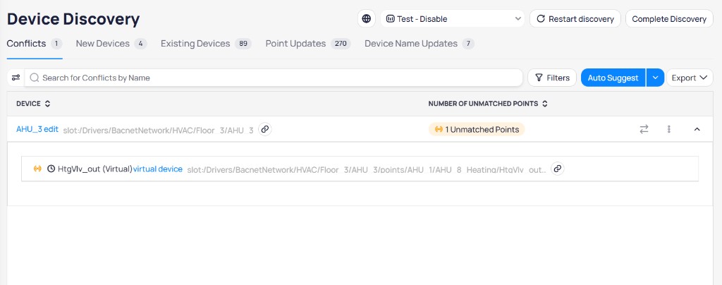 Conflicts tab showing AHU_3 edit device with 1 Unmatched Points, expanded to show HtgVlv_out Virtual point with its BACnet path, with Auto Suggest button, Filters, and Export controls