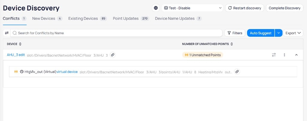 Conflicts tab showing AHU_3 edit device with 1 Unmatched Points, expanded to show HtgVlv_out Virtual point with its BACnet path, with Auto Suggest button, Filters, and Export controls