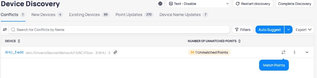 Conflicts tab showing AHU_3 edit device with 1 Unmatched Points and the Match Points button tooltip visible on the two-arrows icon