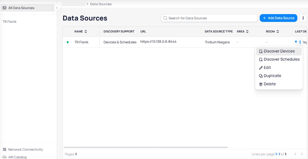 Data Sources page showing TR Fisnik data source with row three-dot menu open, listing Discover Devices, Discover Schedules, Edit, Duplicate, and Delete options