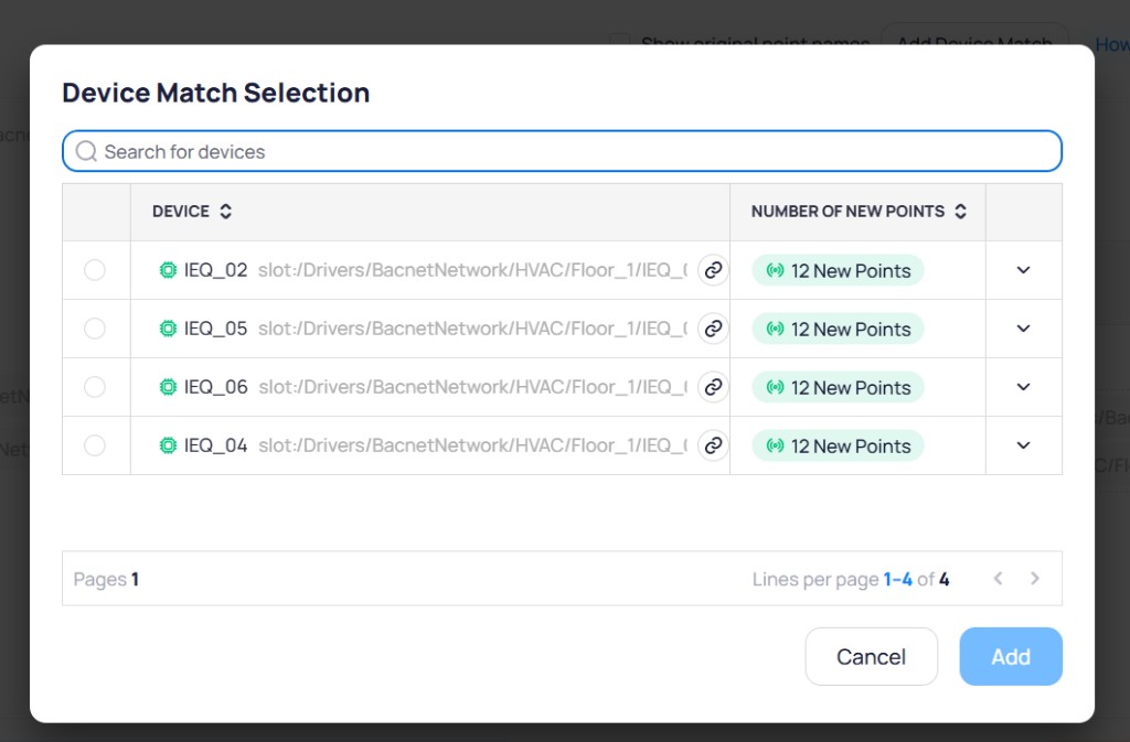 Device Match Selection dialog with search bar, device table showing IEQ_02, IEQ_05, IEQ_06, and IEQ_04 with 12 New Points each, and Cancel and Add buttons