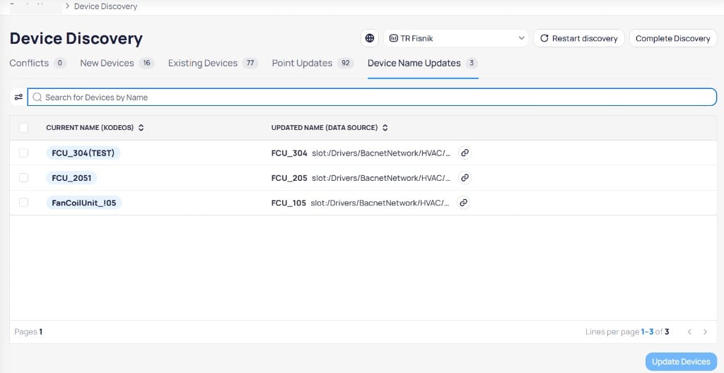 Device Name Updates tab showing three devices with Current Name KODEOS column listing FCU_304 TEST, FCU_2051, and FanCoilUnit_I05, and Updated Name Data Source column listing FCU_304, FCU_205, and FCU_105 with their BACnet paths