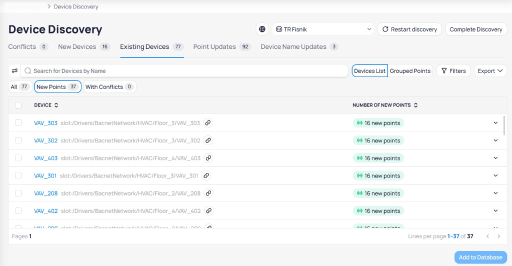 Device Discovery Existing Devices tab with New Points sub-tab selected showing 37 devices, VAV devices listed with BACnet paths, 16 new points each, Devices List and Grouped Points toggle, Filters button, and Export button
