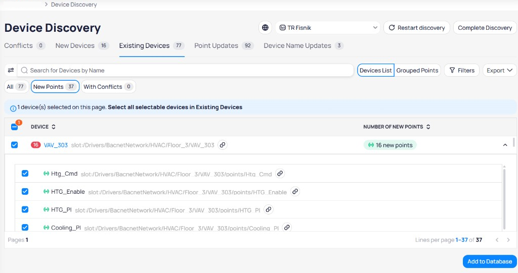 Existing Devices tab with VAV_303 expanded showing four new points with BACnet paths including Htg_Cmd, HTG_Enable, HTG_PI, and Cooling_PI, all selected with checkboxes, and Add to Database button at the bottom right