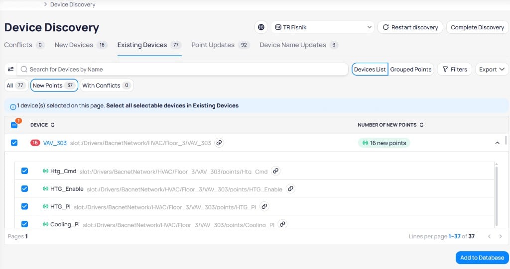 Existing Devices tab with VAV_303 expanded showing four new points with BACnet paths including Htg_Cmd, HTG_Enable, HTG_PI, and Cooling_PI, all selected with checkboxes, and Add to Database button at the bottom right