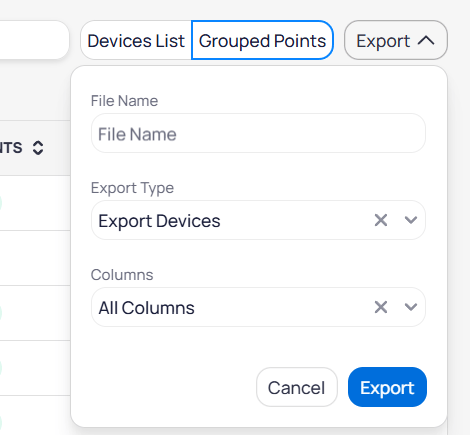 Export dialog with File Name field, Export Type dropdown set to Export Devices, Columns dropdown set to All Columns, and Cancel and Export buttons