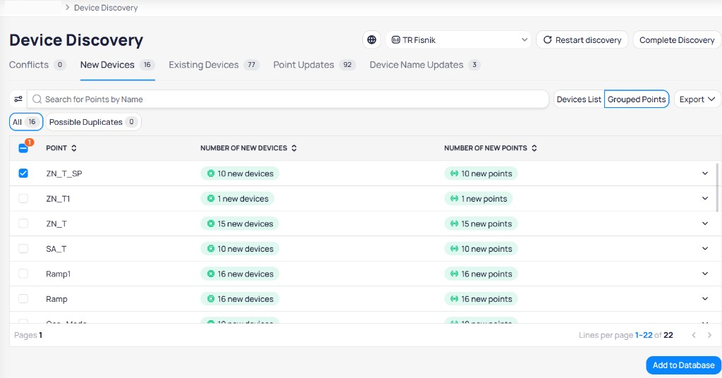 Device Discovery page in Grouped Points view showing point names like ZN_T_SP and SA_T with columns for Number of New Devices and Number of New Points