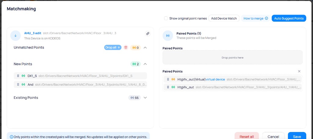 Matchmaking dialog for AHU_3 edit showing Unmatched Points section with Drop all button, New Points with DX1_S and And listed, Existing Points count of 66, and Paired Points on the right with HtgVlv_out Virtual paired with HtgVlv_out, plus Show original point names, Add Device Match, How to merge, and Auto Suggest Points controls