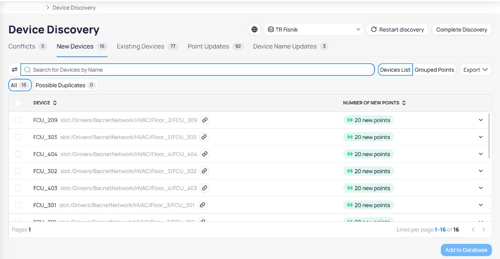 Device Discovery page on the New Devices tab in Devices List view, showing FCU devices with their BACnet paths, copy icons, and 20 new points each, with All 16 and Possible Duplicates 0 filter tabs