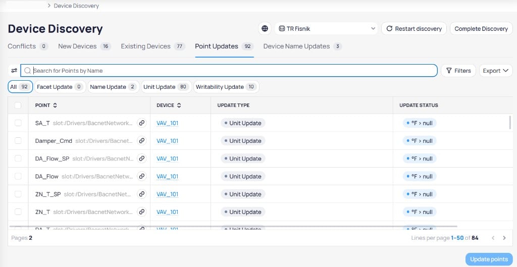 Point Updates tab with sub-tabs for All 92, Facet Update 0, Name Update 2, Unit Update 80, and Writability Update 10, showing a table of points from VAV_101 with Unit Update type and Update Status showing °F to null