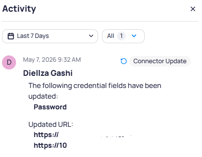 Activity panel showing a connector update entry with credential and URL changes
