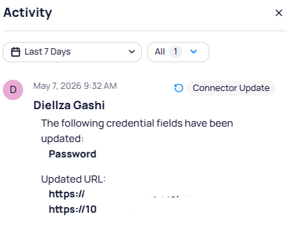Activity panel showing a connector update entry with credential and URL changes