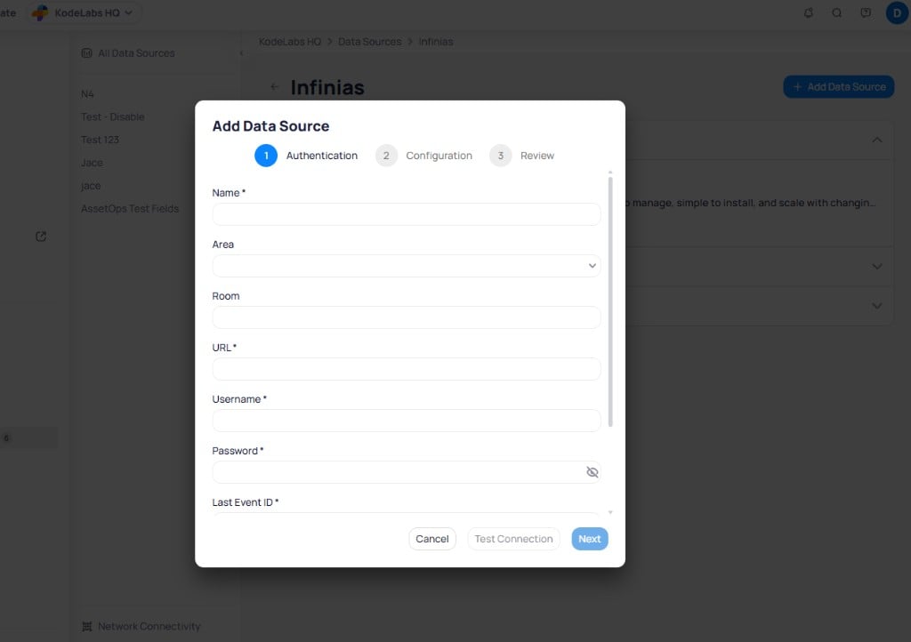 Add Data Source dialog at step 1 showing fields for name, area, room, URL, username, and password