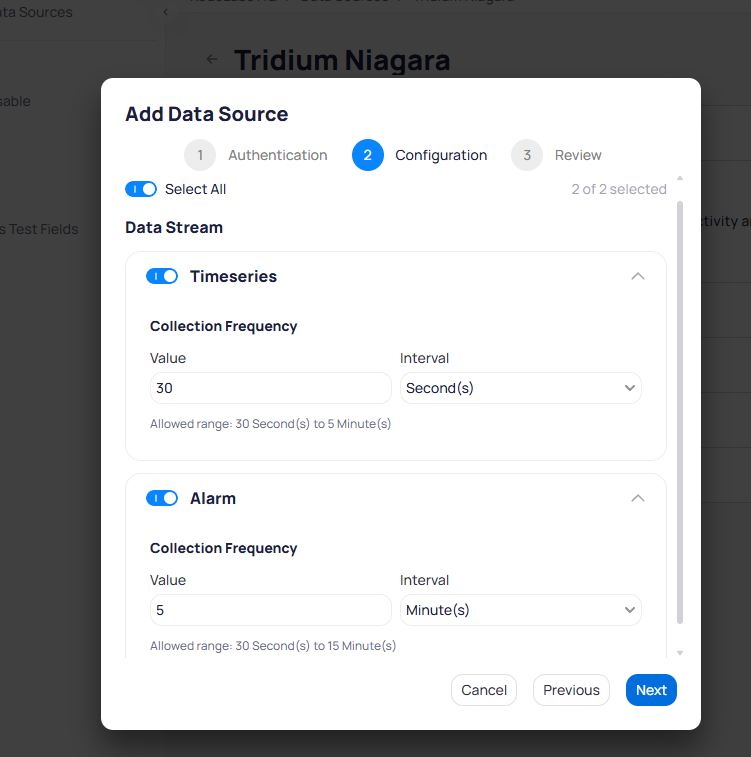 Configuration step showing Timeseries and Alarm data streams with collection frequency settings