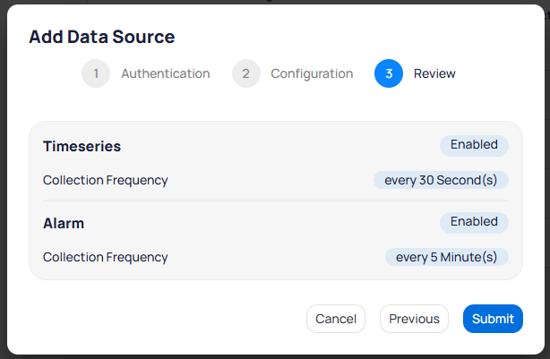 Review step showing Timeseries enabled at every 30 seconds and Alarm enabled at every 5 minutes
