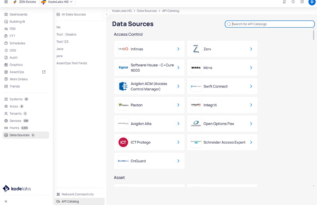 API catalog page showing integrations grouped by category with a search bar
