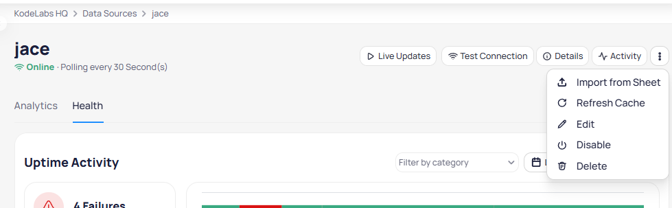 Connector three-dot menu with options for Import from Sheet, Refresh Cache, Edit, Disable, and Delete