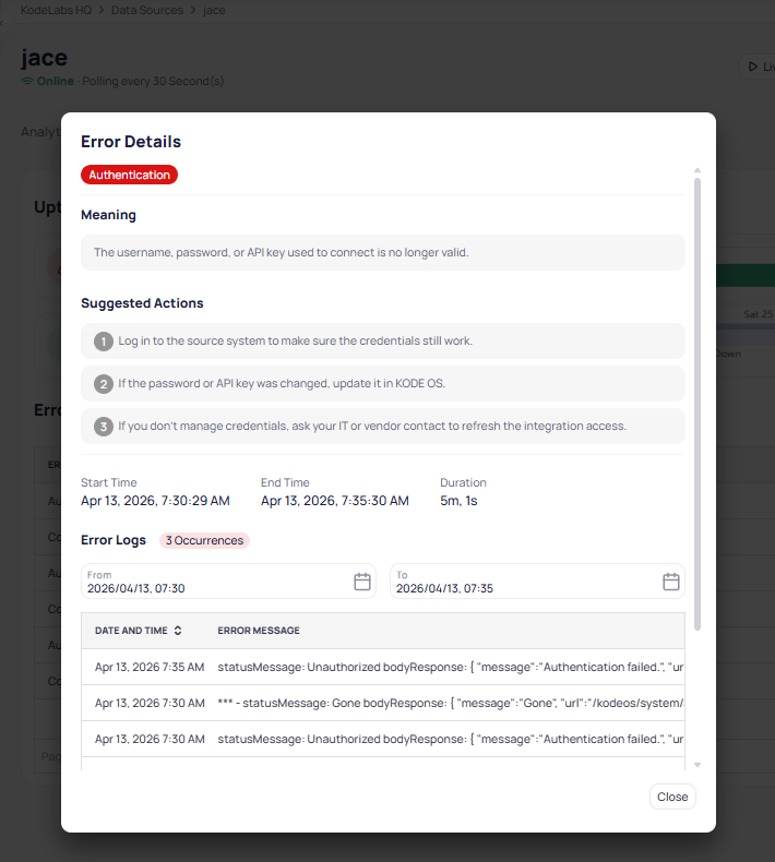 Error Details dialog for an Authentication error showing meaning, three suggested actions, timestamps, and error log messages