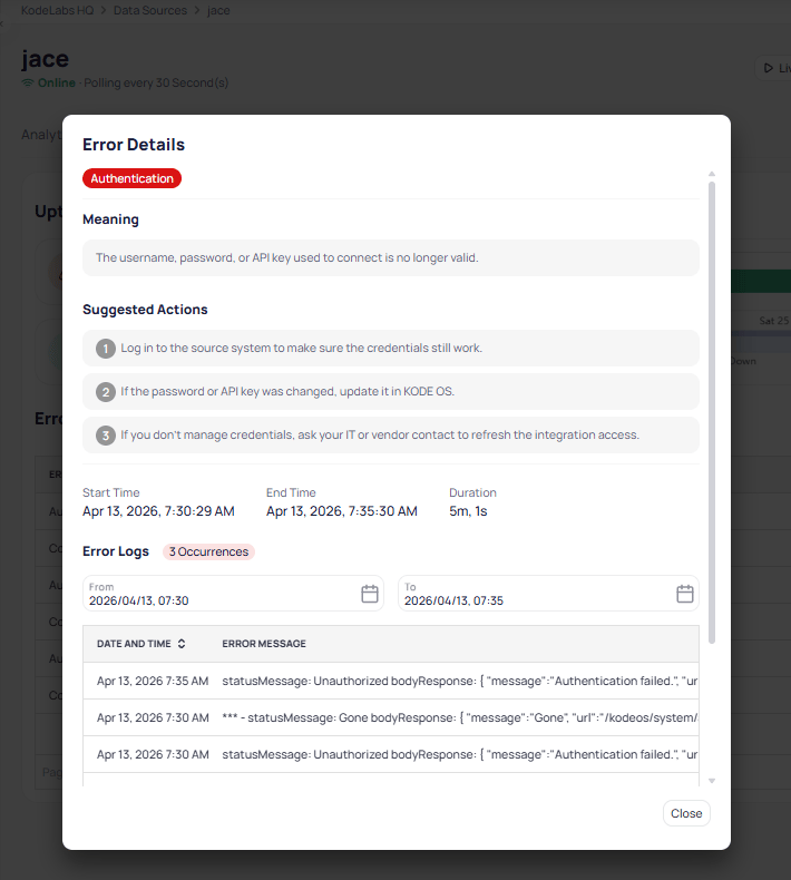 Error Details dialog for an Authentication error showing meaning, three suggested actions, timestamps, and error log messages