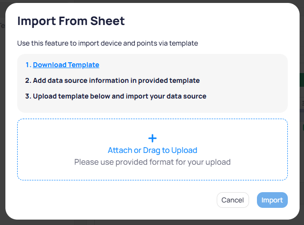 Import From Sheet dialog showing Download Template link, instructions, and a file upload area