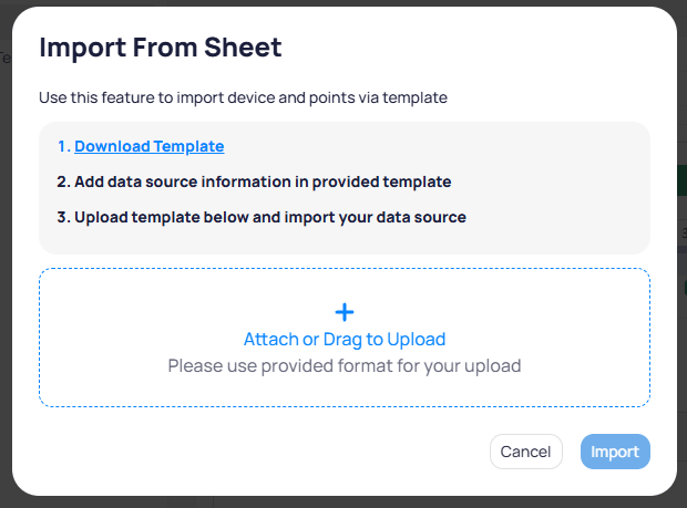 Import From Sheet dialog showing Download Template link, instructions, and a file upload area