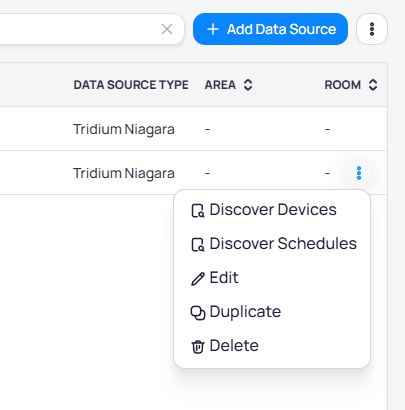 Row actions menu with options for Discover Devices, Discover Schedules, Edit, Duplicate, and Delete