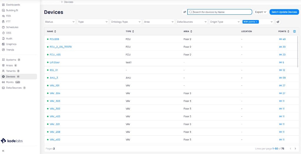 Devices list page showing the Batch Update Devices button in the upper right corner, with a list of FCU, AHU, and VAV devices filtered to show devices with points