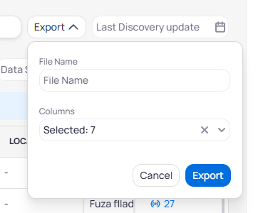 Export dialog showing File Name field and Columns selector with 7 columns selected, with Cancel and Export buttons