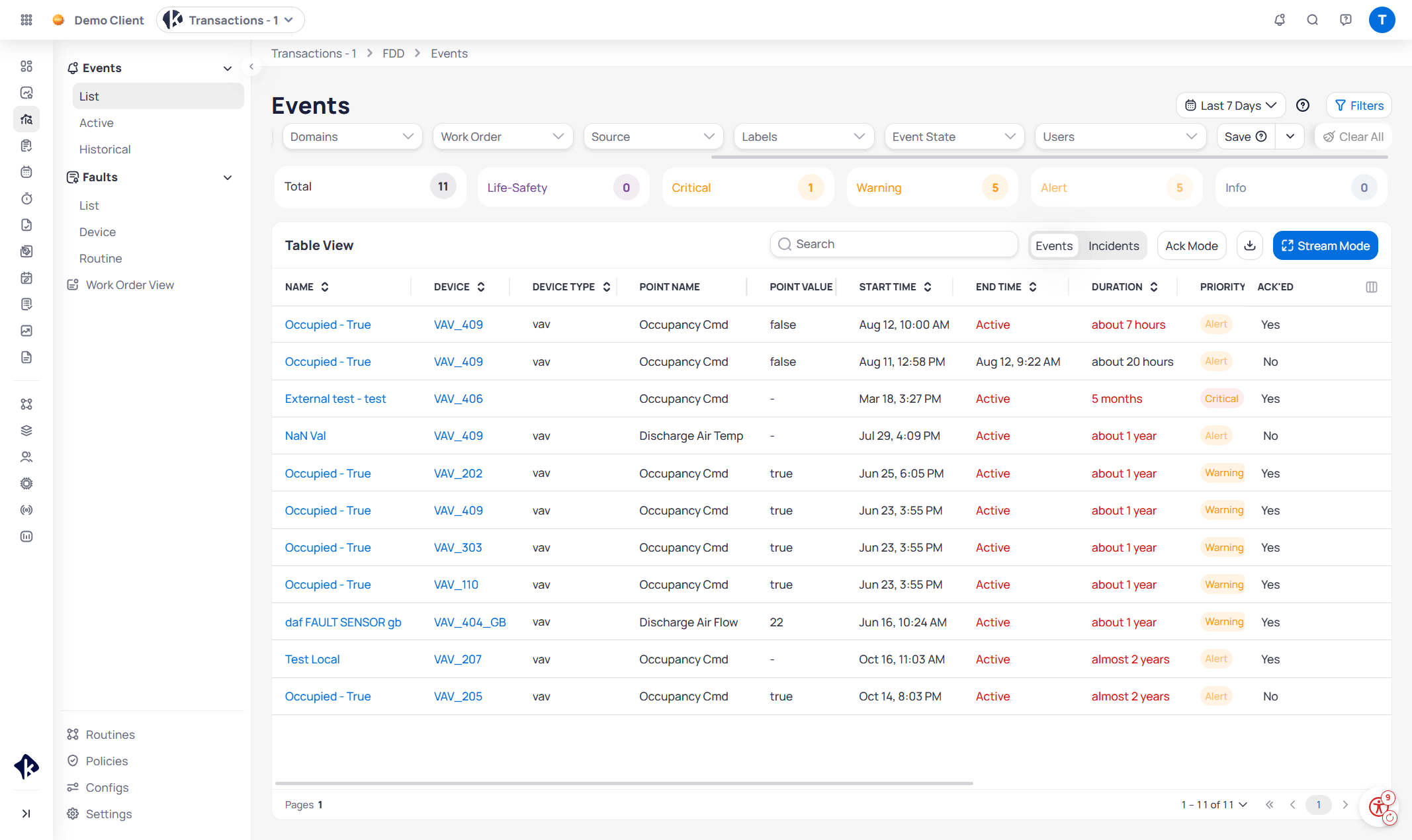 Entering and exiting Stream Mode on the Events list with live Event Stream table