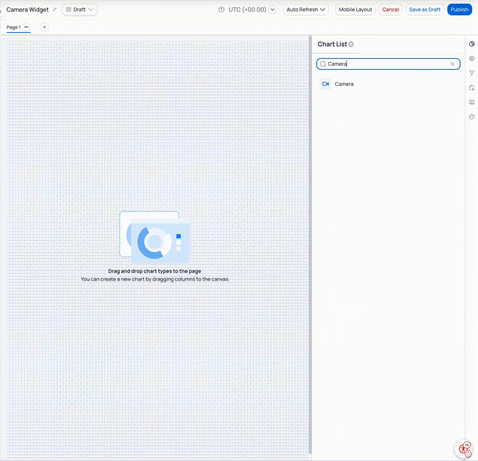 Adding a Camera widget from the Chart List and configuring Camera Type and Source URL