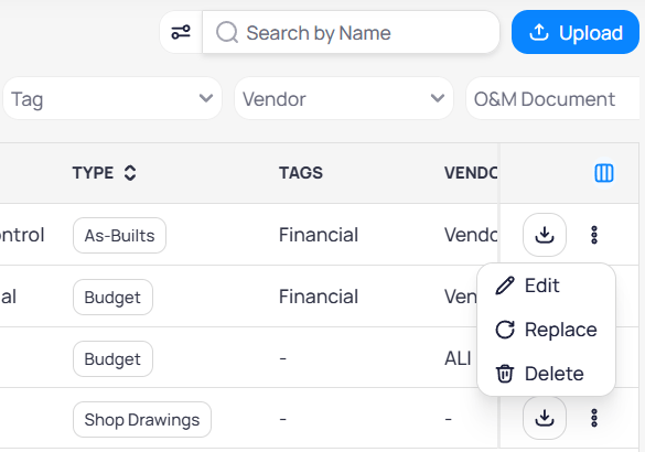 Documents table row menu open showing Edit Replace and Delete options