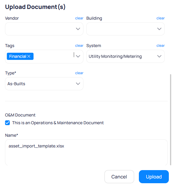 Upload Documents modal with Type dropdown O&M Document checkbox and Name field for the selected file