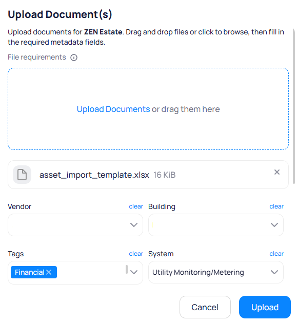 Upload Documents modal with drag and drop area and Vendor Building Tags and System dropdown fields
