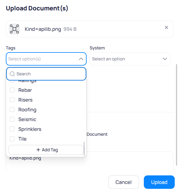 Upload Documents modal Tags dropdown with Search field, checkbox list of tags such as Railings and Roofing, and Add Tag button