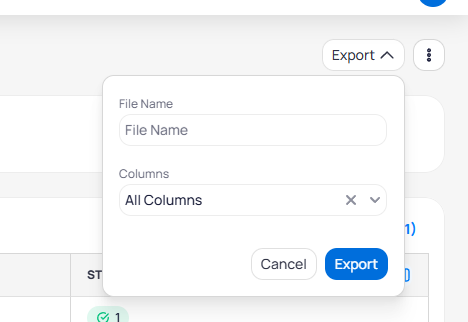 Export dialog with File Name and Columns fields