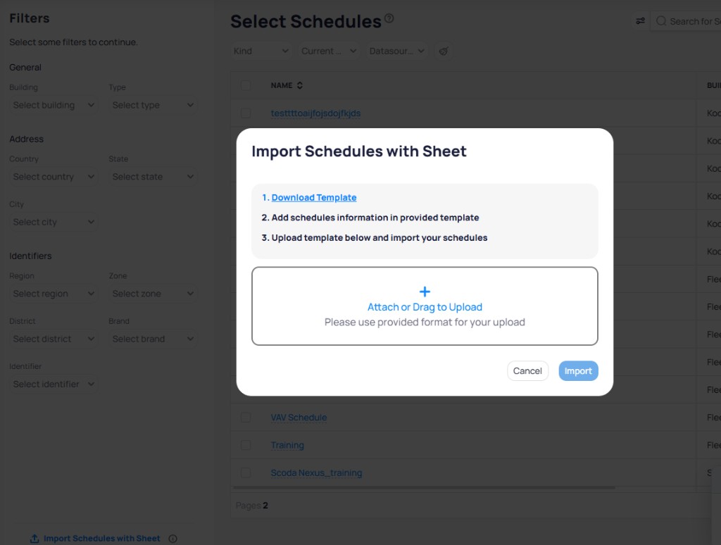 Import Schedules with Sheet dialog showing Download Template link, fill-in instructions, and a drag-to-upload area
