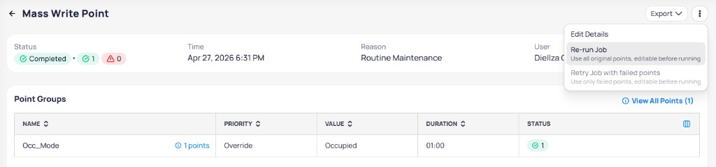 Job details three-dot menu showing Edit Details, Re-run Job, and Retry Job with failed points options