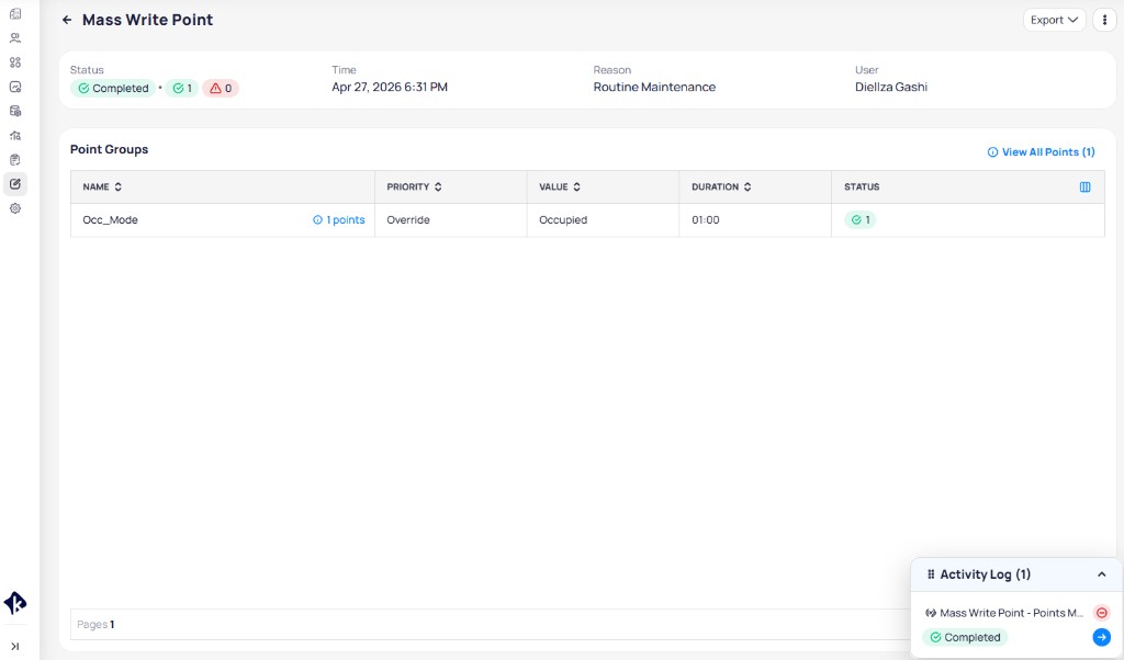 Mass Write Point job details page showing completed status, point groups with success counts, and activity log