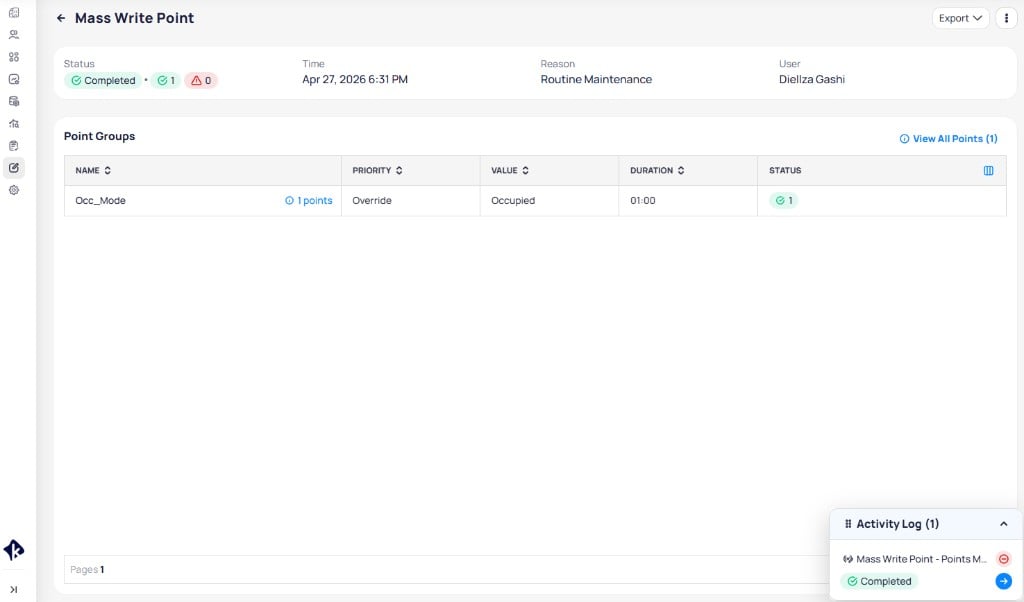 Mass Write Point job details page showing completed status, point groups with success counts, and activity log