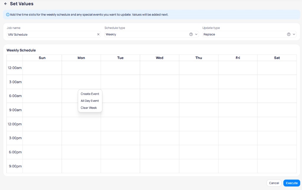 Set Values page showing weekly schedule calendar with Create Event, All Day Event, and Clear Week context menu