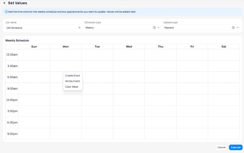 Set Values page showing weekly schedule calendar with Create Event, All Day Event, and Clear Week context menu