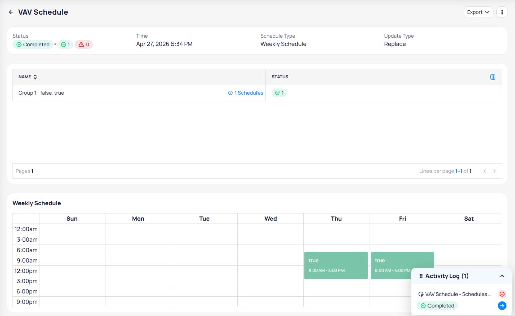 Schedule job details page showing completed status, schedule groups, weekly schedule preview with applied time slots, and activity log