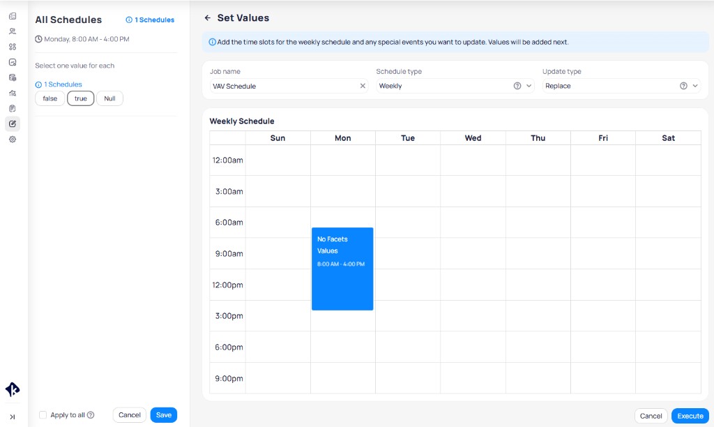 Set Values page with a time slot created on Monday and the left panel showing schedule groups with value options